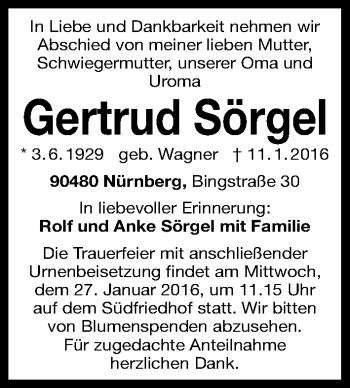 Traueranzeige von Gertrud Sörgel von Gesamtausgabe Nürnberger Nachrichten/ Nürnberger Ztg.