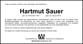 Traueranzeige von Hartmut Sauer von Erlanger Nachrichten Lokal