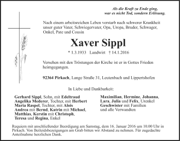 Traueranzeige von Xaver Sippl von Neumarkter Nachrichten Lokal