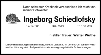 Traueranzeige von Ingeborg Schiedlofsky von Gesamtausgabe Nürnberger Nachrichten/ Nürnberger Ztg.
