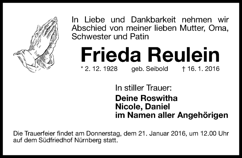  Traueranzeige für Frieda Reulein vom 19.01.2016 aus Gesamtausgabe Nürnberger Nachrichten/ Nürnberger Ztg.