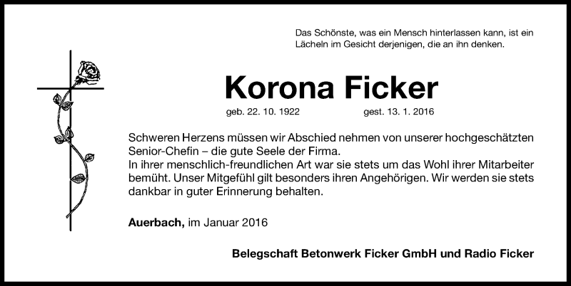  Traueranzeige für Korona Ficker vom 16.01.2016 aus Nordbayerische Nachrichten Pegnitz Lokal