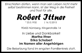 Traueranzeige von Robert Ittner von Gesamtausgabe Nürnberger Nachrichten/ Nürnberger Ztg.