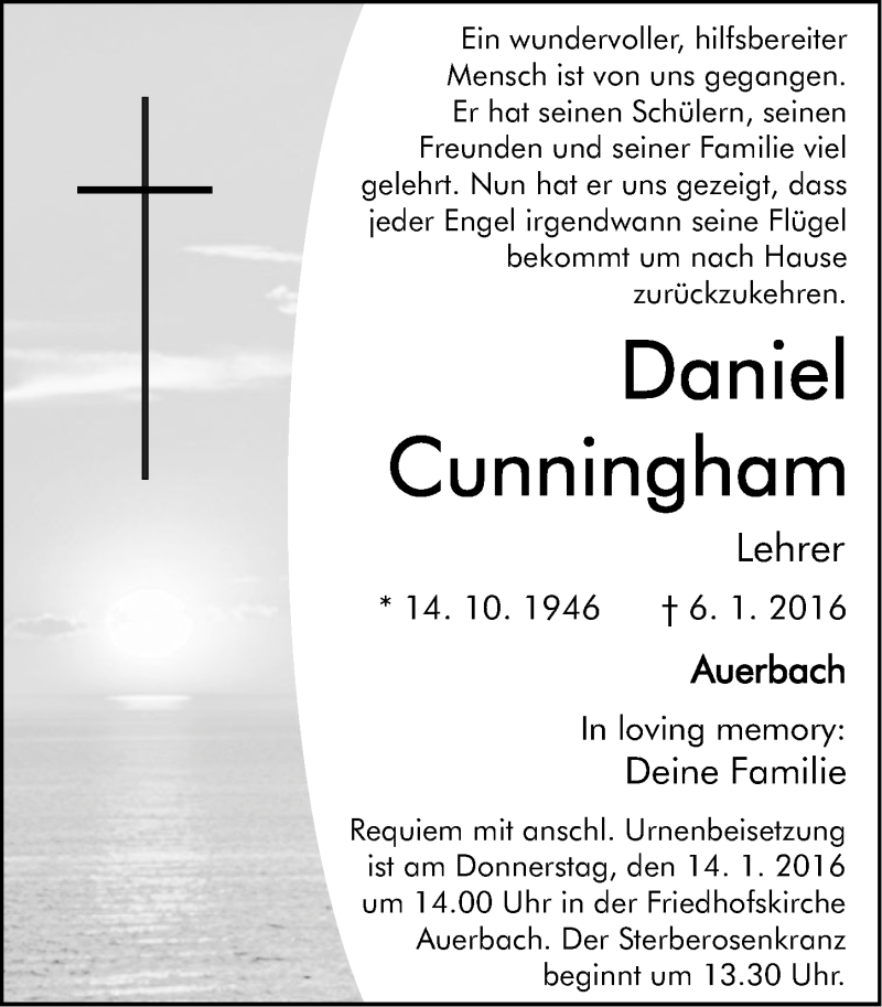 Traueranzeige für Daniel Cunningham vom 09.01.2016 aus Nordbayerische Nachrichten Pegnitz Lokal