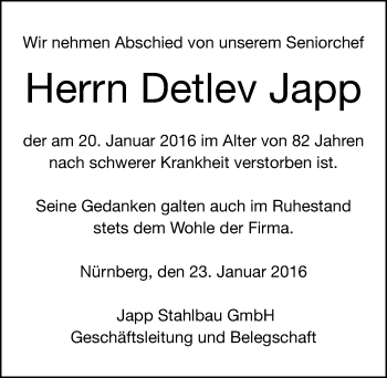 Traueranzeige von Detlev Japp von Gesamtausgabe Nürnberger Nachrichten/ Nürnberger Ztg.