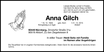 Traueranzeige von Anna Gilch von Gesamtausgabe Nürnberger Nachrichten/ Nürnberger Ztg.