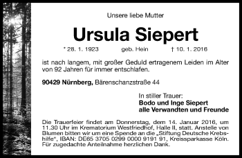 Traueranzeige von Ursula Siepert von Gesamtausgabe Nürnberger Nachrichten/ Nürnberger Ztg.