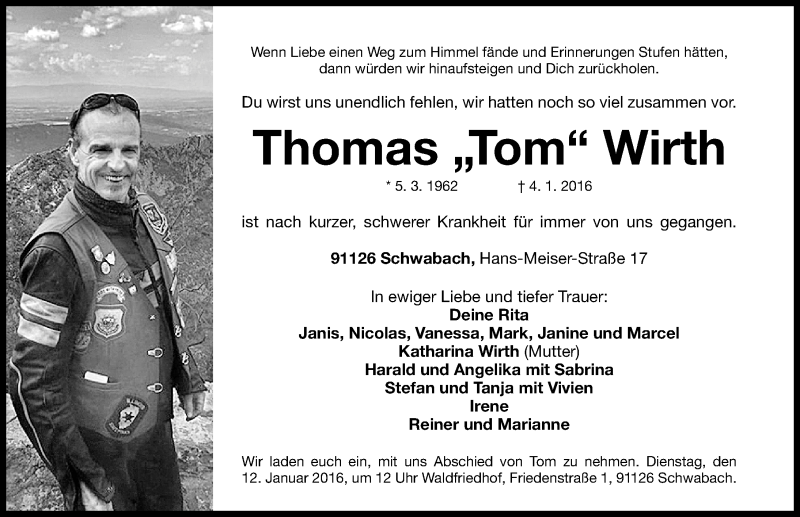  Traueranzeige für Thomas Wirth vom 09.01.2016 aus Gesamtausgabe Nürnberger Nachrichten/ Nürnberger Ztg.