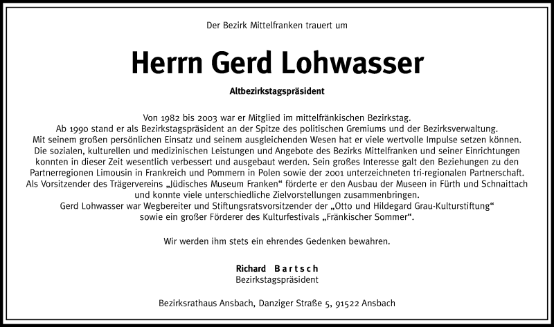  Traueranzeige für Gerd Lohwasser vom 09.01.2016 aus Gesamtausgabe Nürnberger Nachrichten/ Nürnberger Ztg.