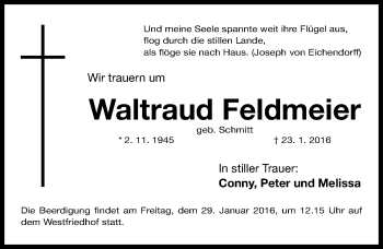 Traueranzeige von Waltraud Feldmeier von Gesamtausgabe Nürnberger Nachrichten/ Nürnberger Ztg.
