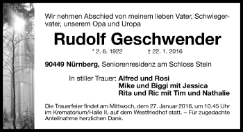 Traueranzeige von Rudolf Geschwender von Gesamtausgabe Nürnberger Nachrichten/ Nürnberger Ztg.