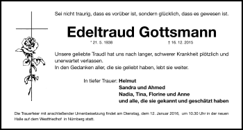 Traueranzeige von Edeltraud Gottsmann von Gesamtausgabe Nürnberger Nachrichten/ Nürnberger Ztg.