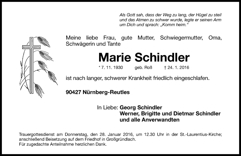 Traueranzeige für Marie Schindler vom 26.01.2016 aus Gesamtausgabe Nürnberger Nachrichten/ Nürnberger Ztg.