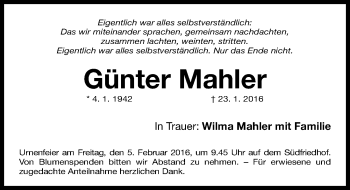 Traueranzeige von Günter Mahler von Gesamtausgabe Nürnberger Nachrichten/ Nürnberger Ztg.