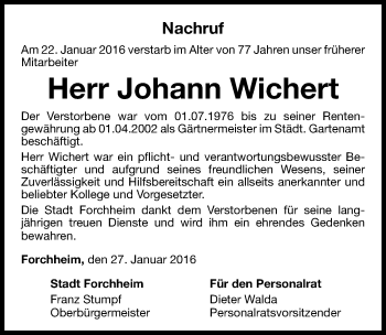 Traueranzeige von Johann Wichert von Nordbayerische Nachrichten Forchheim Lokal