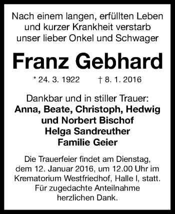 Traueranzeige von Franz Gebhard von Gesamtausgabe Nürnberger Nachrichten/ Nürnberger Ztg.