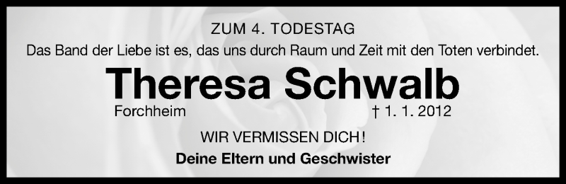  Traueranzeige für Theresa Schwalb vom 02.01.2016 aus Nordbayerische Nachrichten Forchheim Lokal