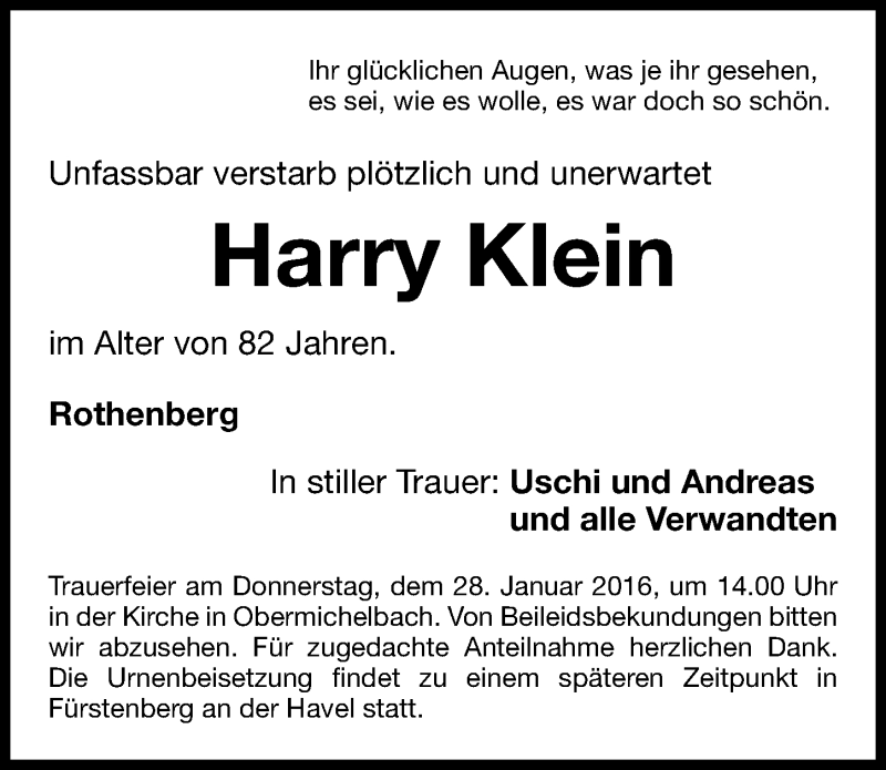  Traueranzeige für Harry Klein vom 26.01.2016 aus Fürther Nachrichten Lokal