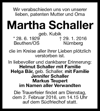 Traueranzeige von Martha Schaller von Gesamtausgabe Nürnberger Nachrichten/ Nürnberger Ztg.