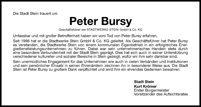  Traueranzeige für Peter Bursy vom 16.01.2016 aus Gesamtausgabe Nürnberger Nachrichten/ Nürnberger Ztg.