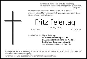 Traueranzeige von Fritz Feiertag von Nordbayerische Nachrichten Forchheim Lokal