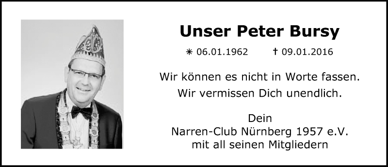  Traueranzeige für Peter Bursy vom 16.01.2016 aus Gesamtausgabe Nürnberger Nachrichten/ Nürnberger Ztg.