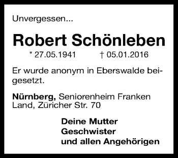Traueranzeige von Robert Schönleben von Fürther Nachrichten Lokal