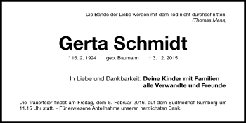 Traueranzeige von Gerta Schmidt von Gesamtausgabe Nürnberger Nachrichten/ Nürnberger Ztg.