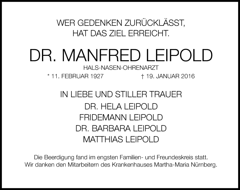  Traueranzeige für Manfred Leipold vom 27.01.2016 aus Gesamtausgabe Nürnberger Nachrichten/ Nürnberger Ztg.