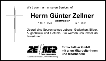 Traueranzeige von Günter Zellner von Gesamtausgabe Nürnberger Nachrichten/ Nürnberger Ztg.