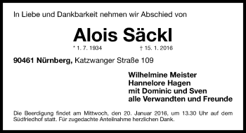 Traueranzeige von Alois Säckl von Gesamtausgabe Nürnberger Nachrichten/ Nürnberger Ztg.