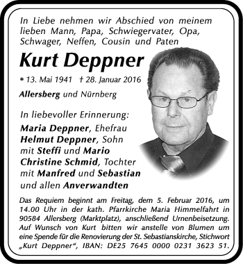 Traueranzeige von Kurt Deppner von Gesamtausgabe Nürnberger Nachrichten/ Nürnberger Ztg.