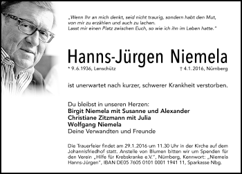 Traueranzeige von Hanns-Jürgen Niemela von Gesamtausgabe Nürnberger Nachrichten/ Nürnberger Ztg.