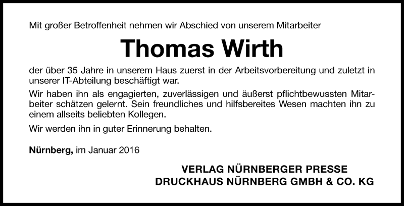  Traueranzeige für Thomas Wirth vom 09.01.2016 aus Gesamtausgabe Nürnberger Nachrichten/ Nürnberger Ztg.