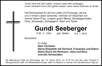 Traueranzeige von Gundi Seeberger von Nordbayerische Nachrichten Herzogenaurach Lokal