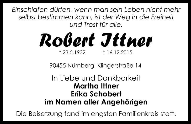  Traueranzeige für Robert Ittner vom 16.01.2016 aus Gesamtausgabe Nürnberger Nachrichten/ Nürnberger Ztg.