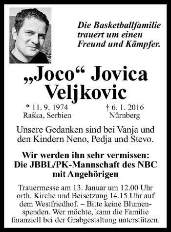 Traueranzeige von Jovica Veljkovic von Gesamtausgabe Nürnberger Nachrichten/ Nürnberger Ztg.