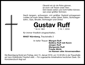 Traueranzeige von Gustav Ruff von Gesamtausgabe Nürnberger Nachrichten/ Nürnberger Ztg.