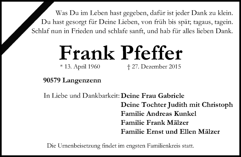  Traueranzeige für Frank Pfeffer vom 09.01.2016 aus Fürther Nachrichten Lokal