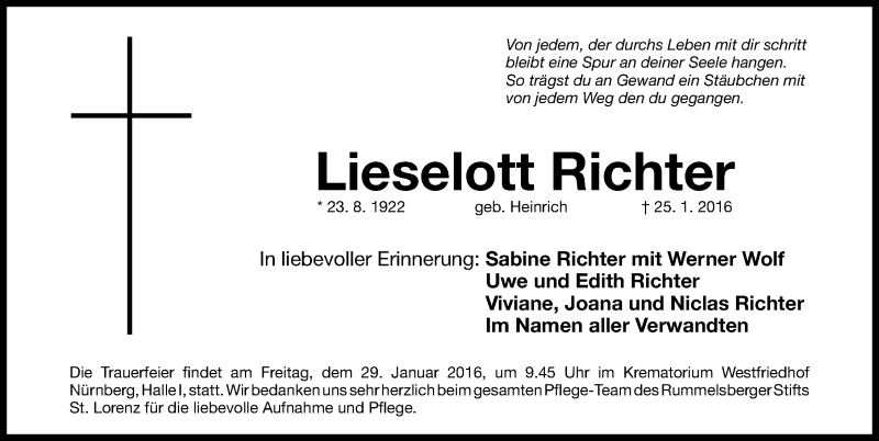  Traueranzeige für Lieselott Richter vom 27.01.2016 aus Gesamtausgabe Nürnberger Nachrichten/ Nürnberger Ztg.