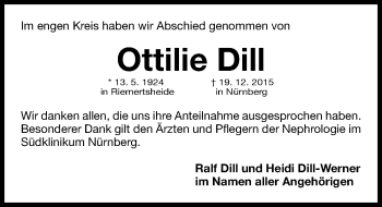 Traueranzeige von Ottilie Dill von Gesamtausgabe Nürnberger Nachrichten/ Nürnberger Ztg.