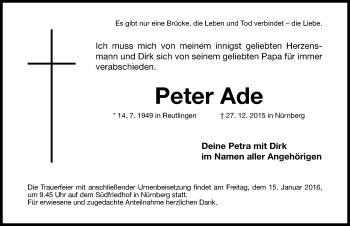 Traueranzeige von Peter Ade von Gesamtausgabe Nürnberger Nachrichten/ Nürnberger Ztg.