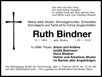Traueranzeige von Ruth Bindner von Gesamtausgabe Nürnberger Nachrichten/ Nürnberger Ztg.