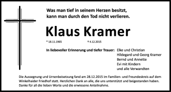 Traueranzeige von Klaus Kramer von Gesamtausgabe Nürnberger Nachrichten/ Nürnberger Ztg.