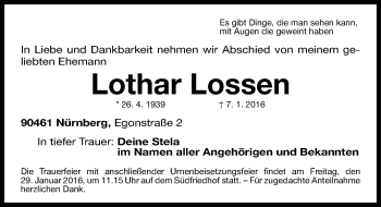Traueranzeige von Lothar Lossen von Gesamtausgabe Nürnberger Nachrichten/ Nürnberger Ztg.