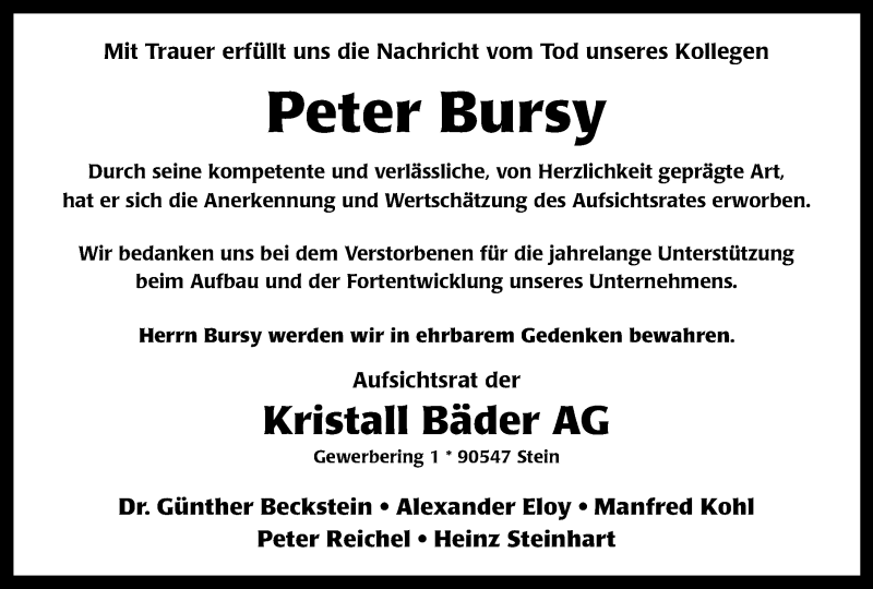  Traueranzeige für Peter Bursy vom 16.01.2016 aus Gesamtausgabe Nürnberger Nachrichten/ Nürnberger Ztg.