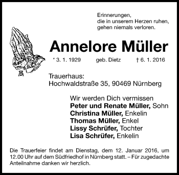 Traueranzeige von Annelore Müller von Gesamtausgabe Nürnberger Nachrichten/ Nürnberger Ztg.