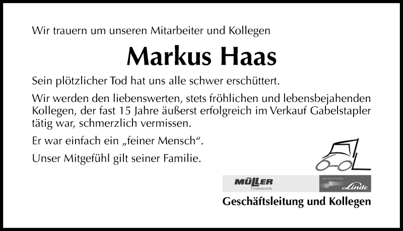  Traueranzeige für Markus Haas vom 13.01.2016 aus Gesamtausgabe Nürnberger Nachrichten/ Nürnberger Ztg.