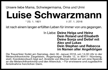 Traueranzeige von Luise Schwarzmann von Gesamtausgabe Nürnberger Nachrichten/ Nürnberger Ztg.