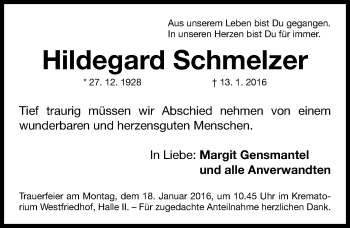 Traueranzeige von Hildegard Schmelzer von Gesamtausgabe Nürnberger Nachrichten/ Nürnberger Ztg.